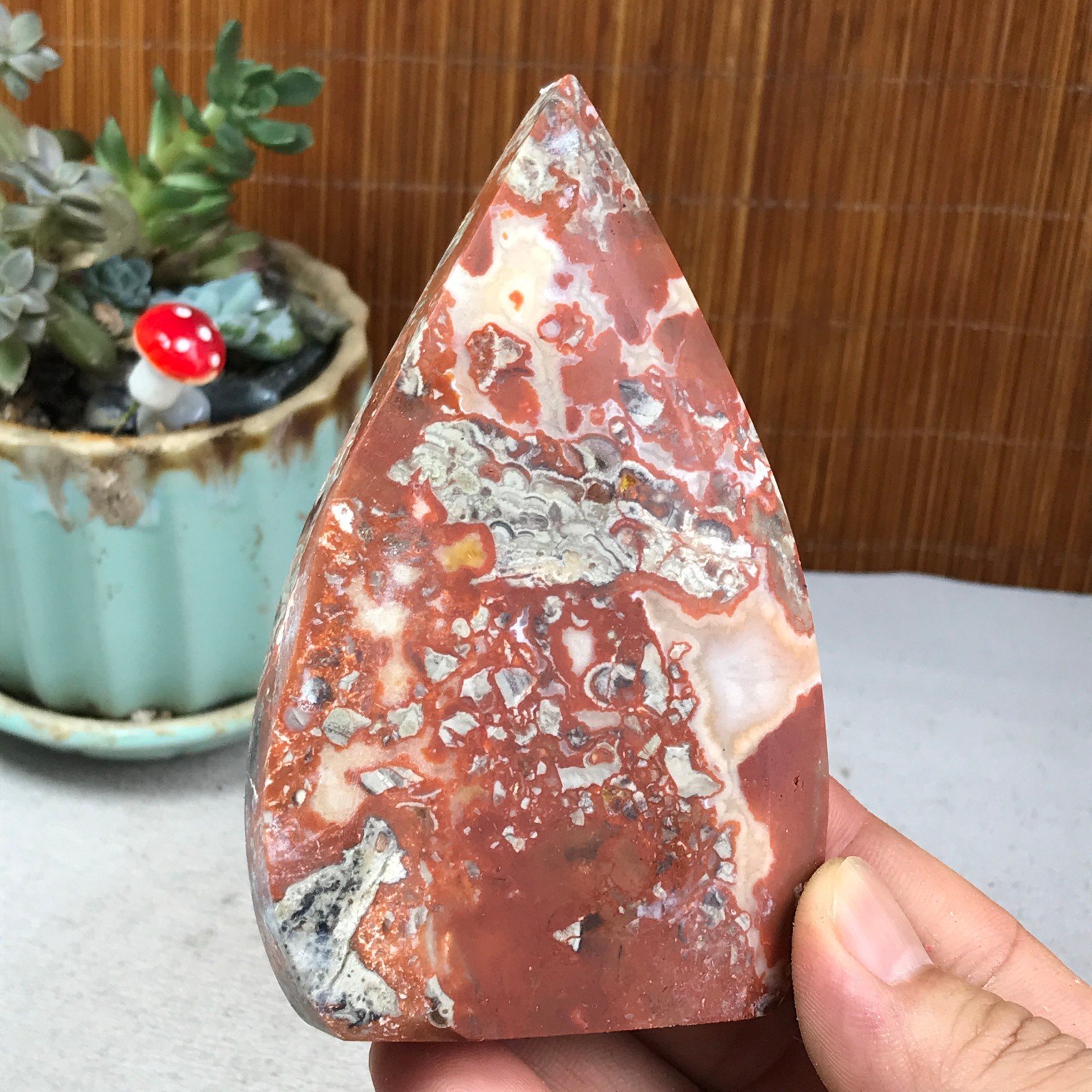 Natural money Mexico agate hand carve leaf Crystal Specimen free standing A6259