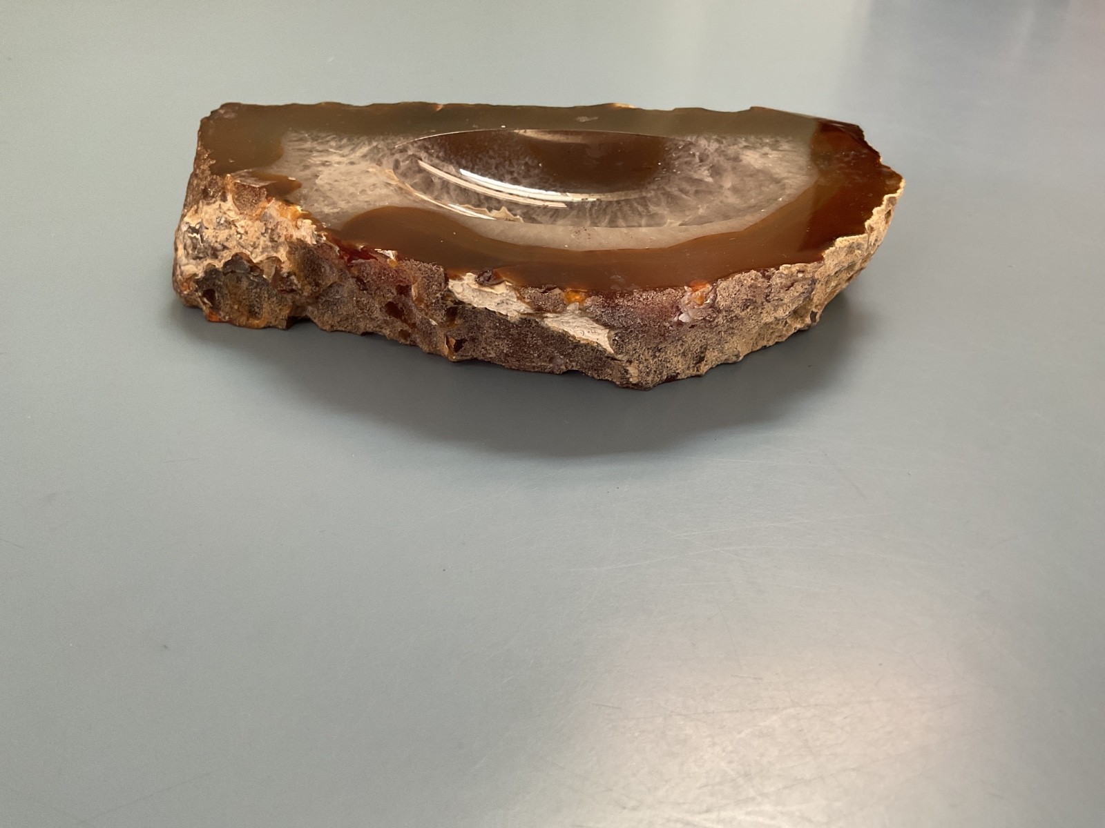 548 grams Cut & Polished 2 Sided Agate Geode 1 3/16 slice w/oval indentation