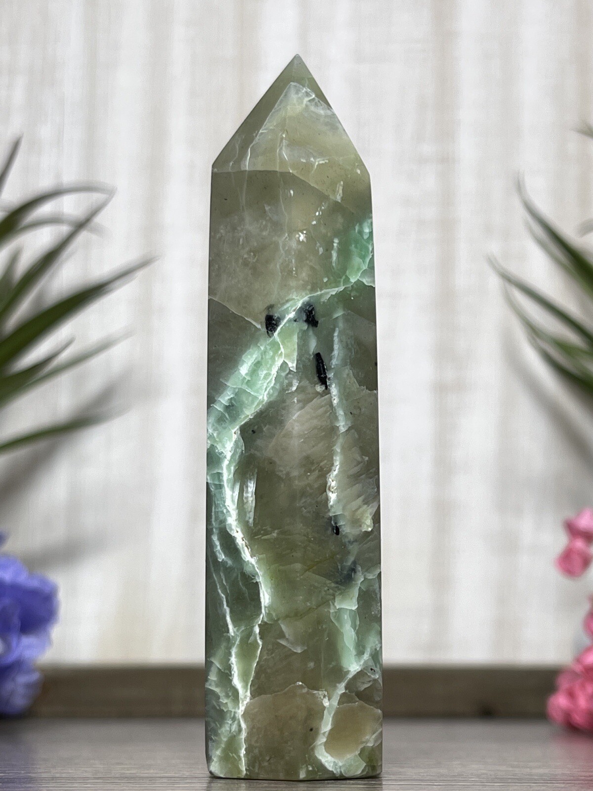 GREEN MOONSTONE TOWER – Blue Flash Garnierite Crystal Mineral Point Witch Wiccan