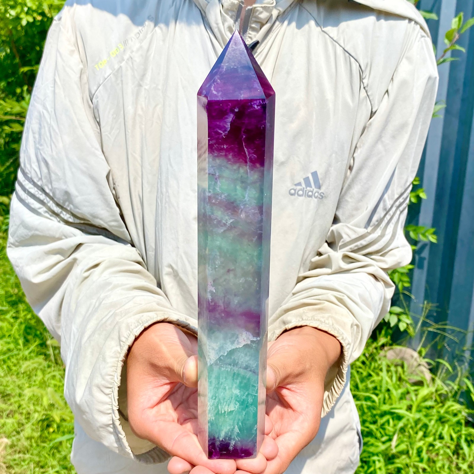 2.62LB Natural Rainbow Fluorite Obelisk Quartz Crystal Wand Tower Point Healing