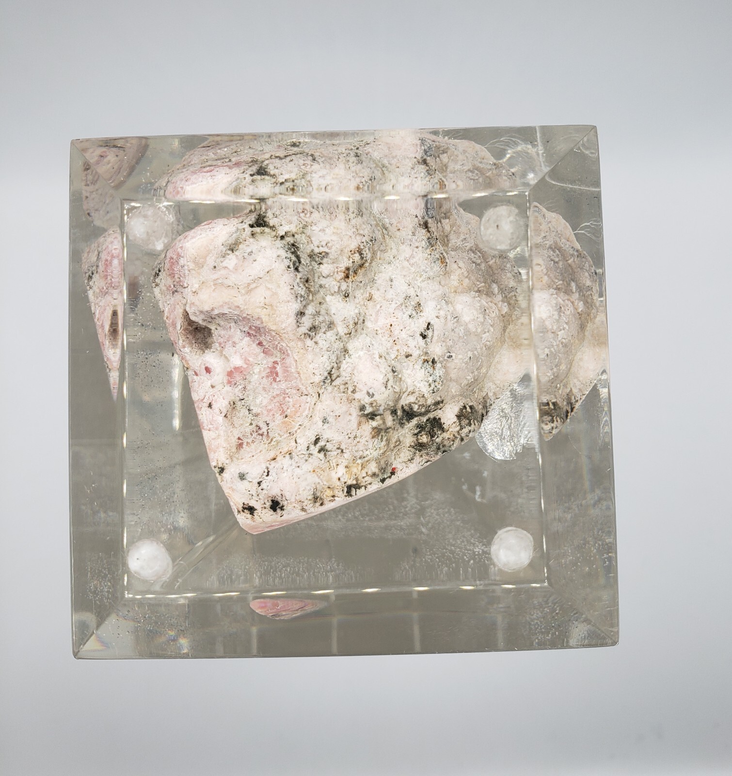 Rhodochrosite Stalactite Inca Rose Pink Mineral Specimen In a Lucite Sculpture