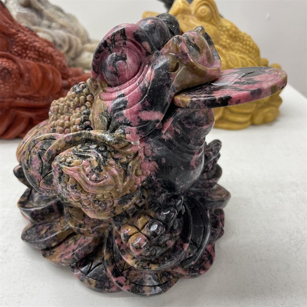 10.6LB 6.5″A+Natural Rhodonite Money Toad Crystal Hand Carved Statue Hand Carved