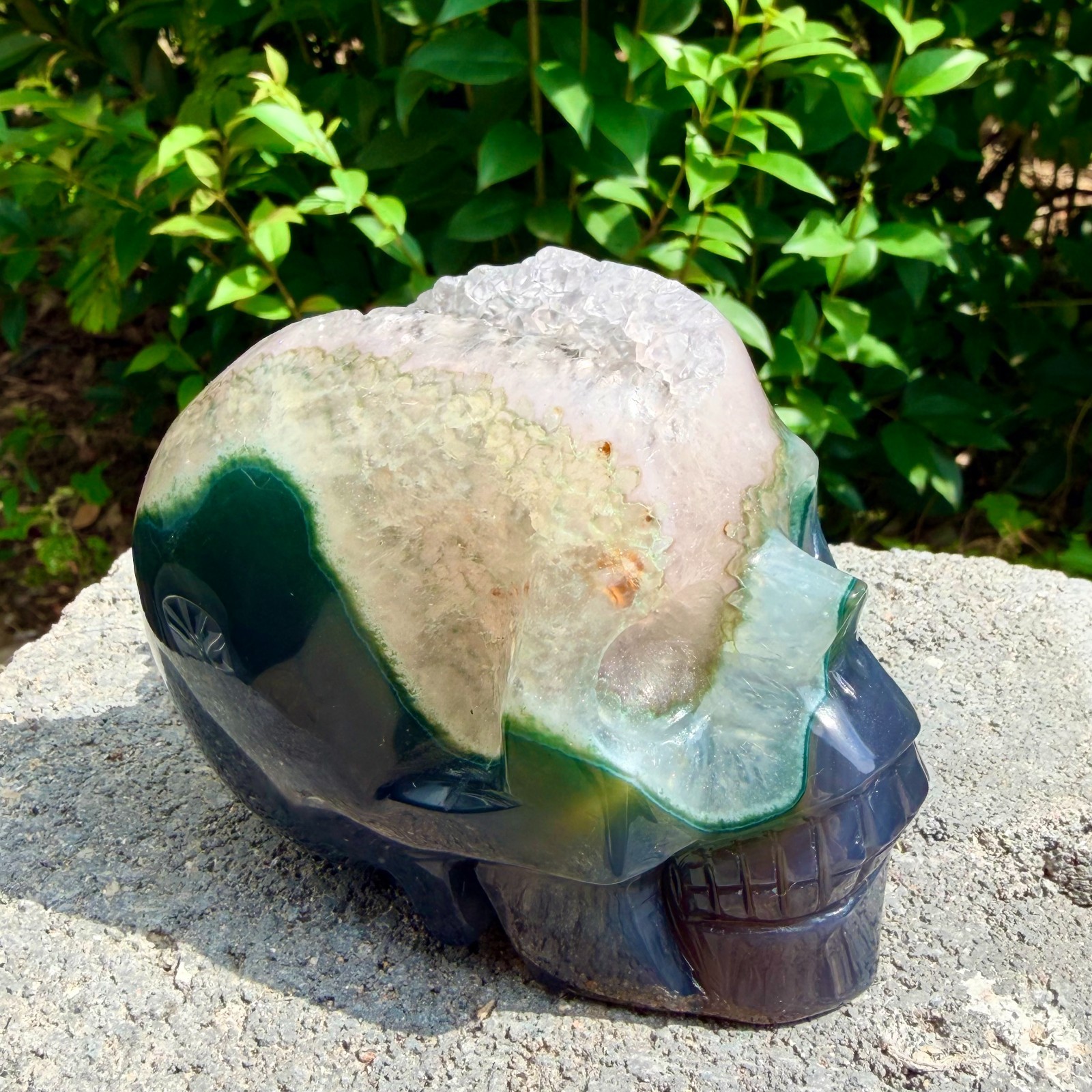 1.53lb Amethyst agate crystal cave skull, Rare hand carved skull specimen