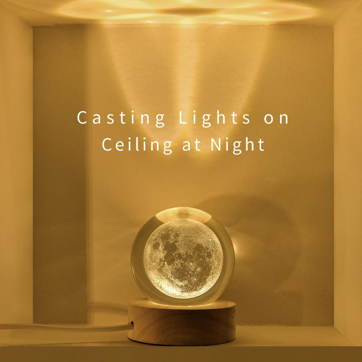 3D Moon Crystal Ball with LED Stand, Moon Figurine Decor Glass Sphere Lamp, Spac