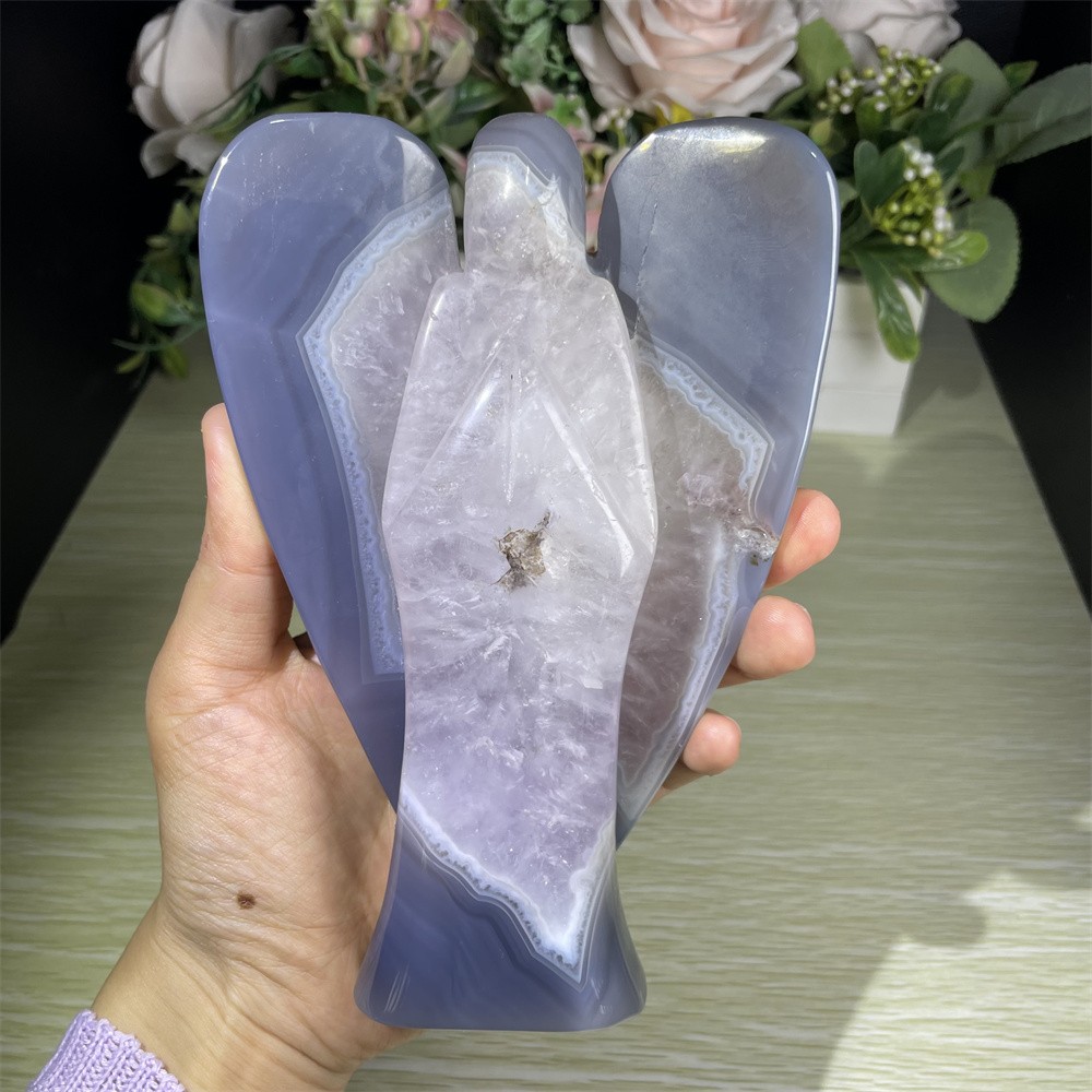 1.7LB 6.4″ Ash Lace Sardonyx Angel Carved Crystal Mineral Quartz Reiki Decor