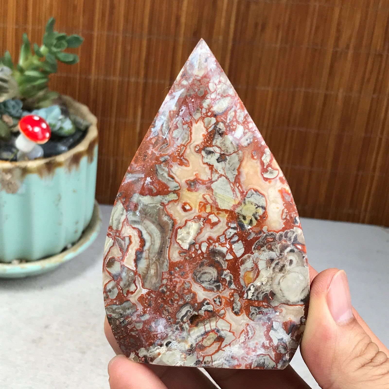 Natural money Mexico agate hand carve leaf Crystal Specimen free standing A6275