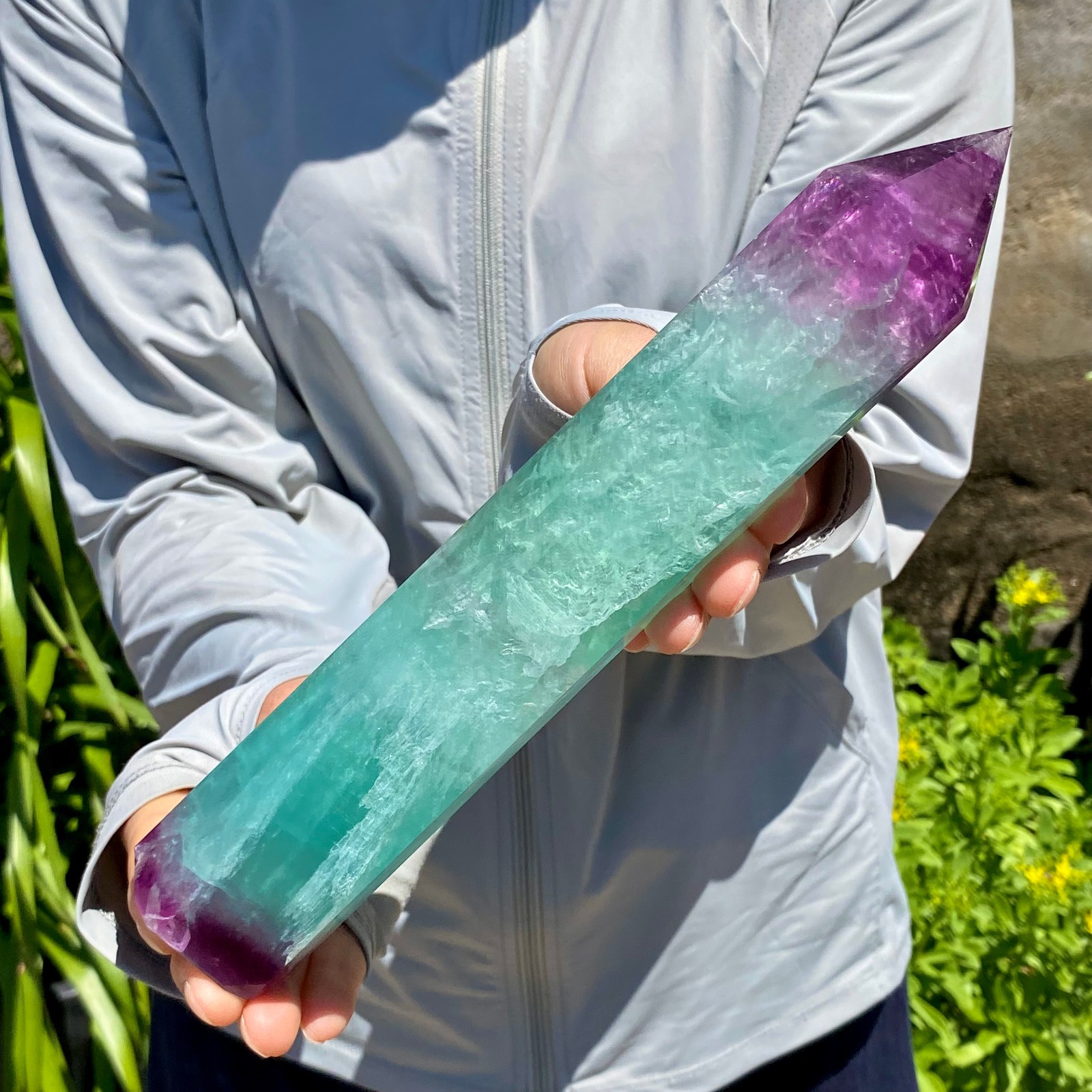 2.16LB Natural Rainbow Fluorite Obelisk Quartz Crystal Wand Tower Point Healing