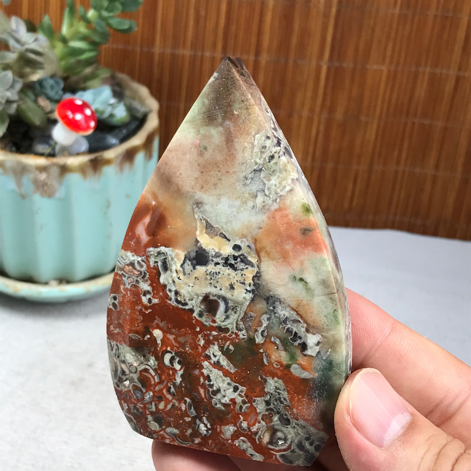 Natural money Mexico agate hand carve leaf Crystal Specimen free standing A6271