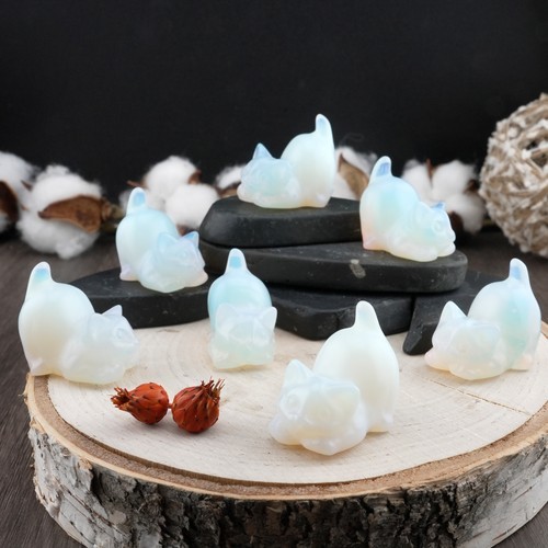 Opalite Crystal Cat Carving Stone Healing Protection Trinket Cat Lover Tier Gift