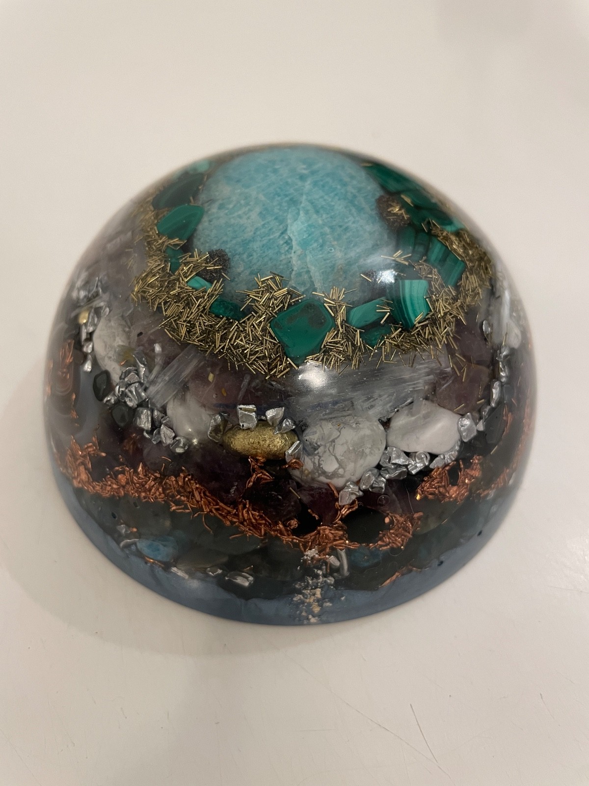 Handmade Orgonite Dome – Amazonite, Malachite, Amethyst, Metal Shavings – 4”