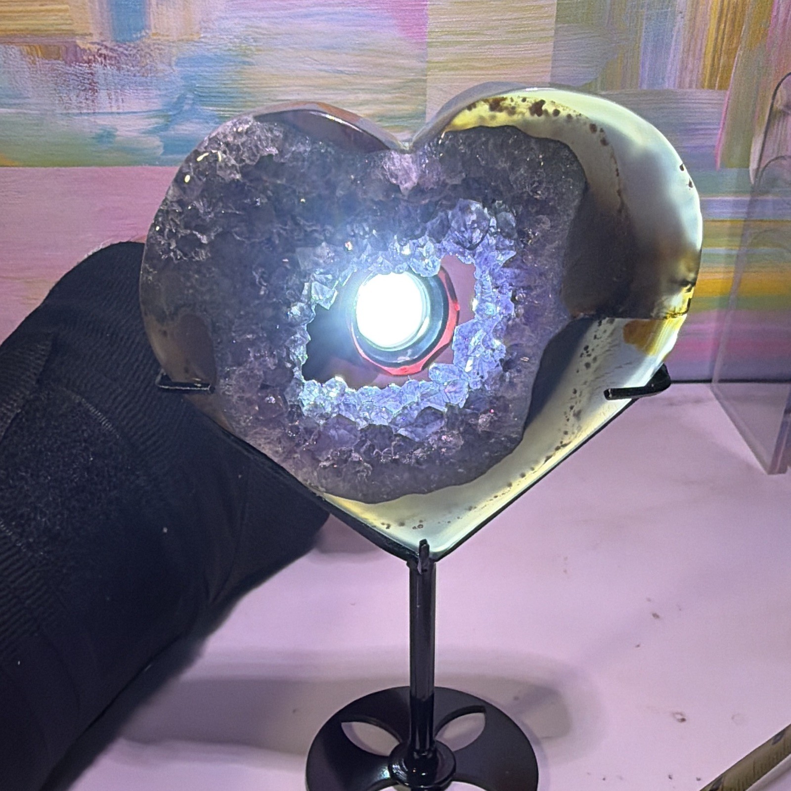 Heart-Shaped Purple Crystal Geode Slice Decor on Black Metal Stand, 6 in Tall