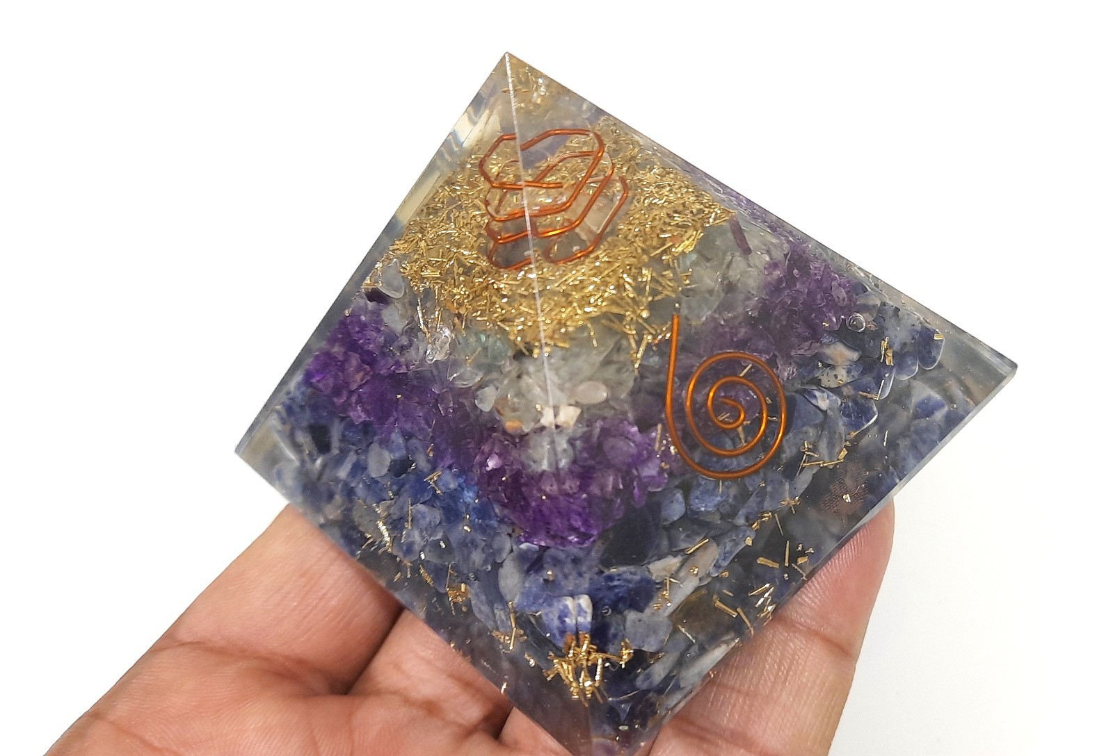 SODALITE AMETHYST FLOURITE AND CRYSTAL 75MM ORGONE PYRAMID FOR FOCUS AND STUDY