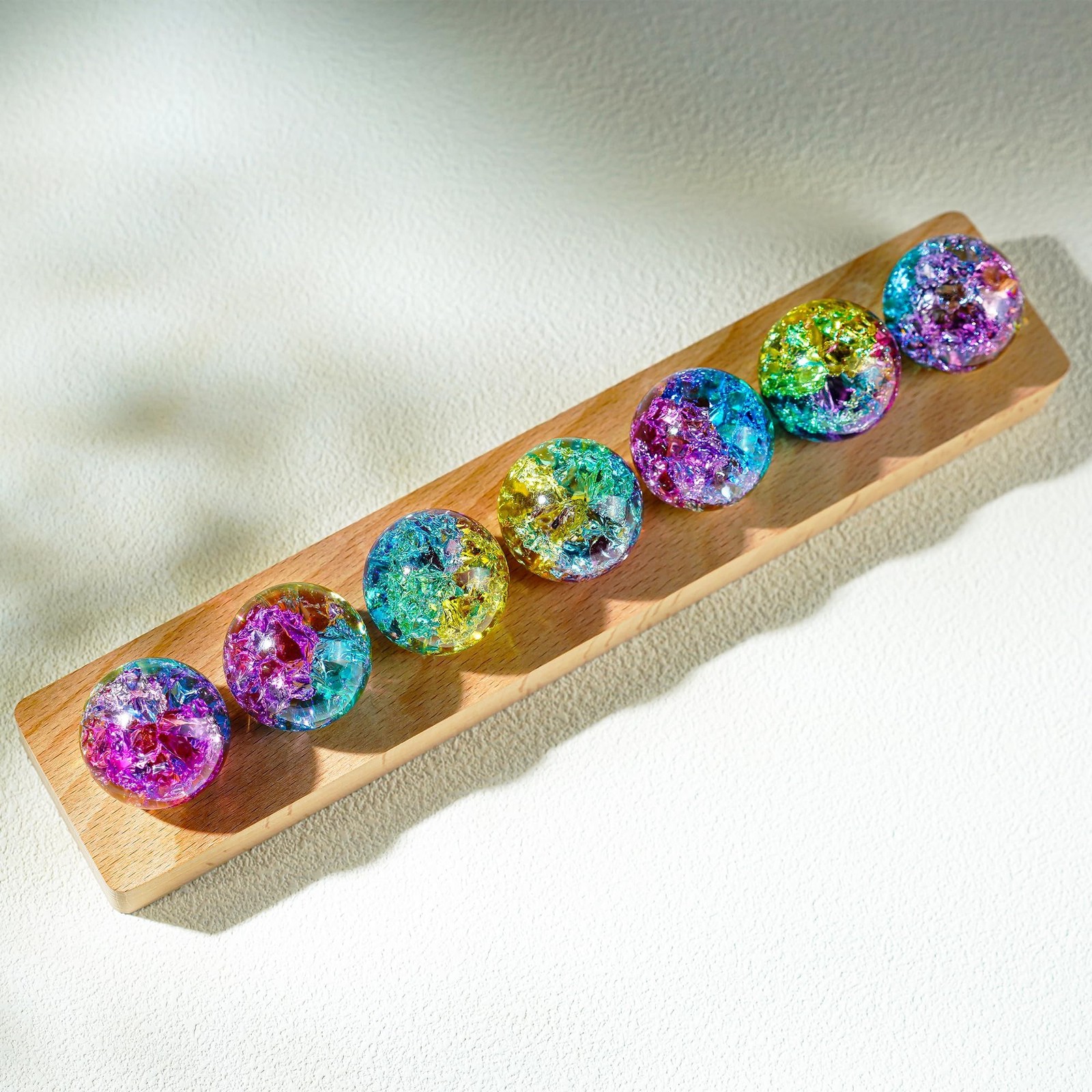 Colorful Healing Spheres 7pcs with LED Wooden Stand – Meditation Decoration