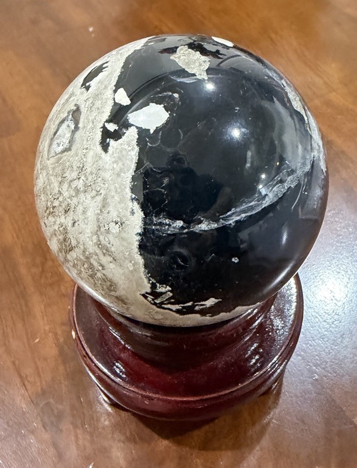 Black & White Polished Stone Sphere Mineral Display Specimen w/ Wooden Stand