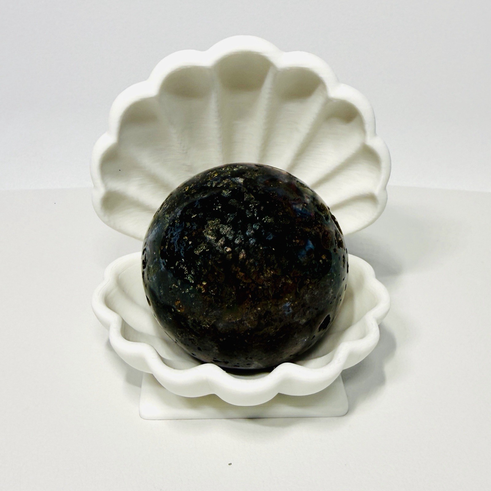 Mystery Jasper Crystal Ball with White Venus Clam Display Stand – No Selection