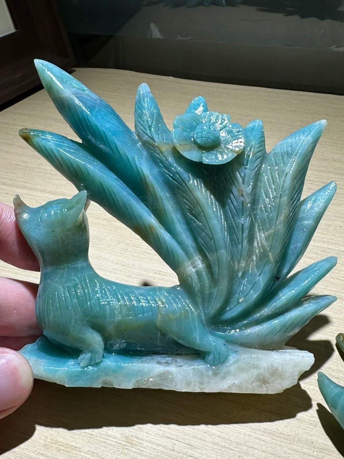 1pc Natural Amazonite Quartz Carved Nine-tailed fox Skull Crystal Decor