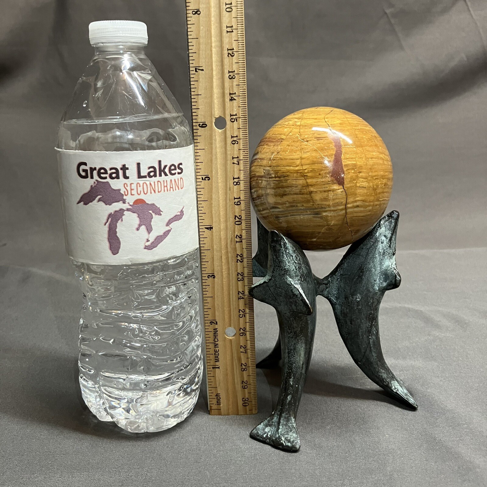 3” Banded Gemstone Dolphin Stand / Onyx ? Stone / Sphere Ball / 76mm / REPAIRED