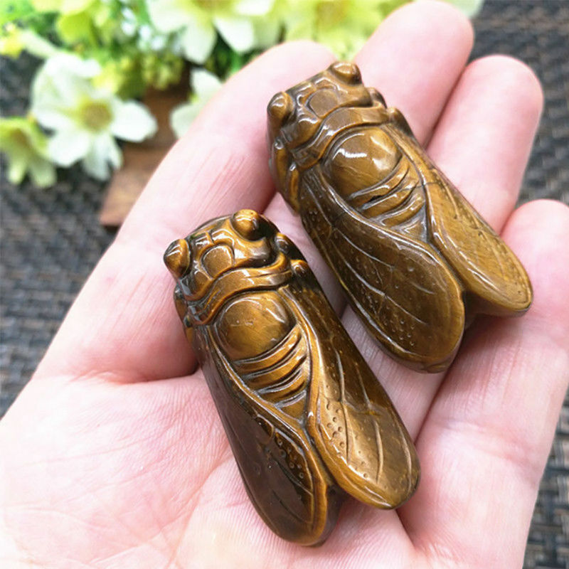 Natural Tiger’s Eye Stone Hand Carved Cicada Quartz Crystal Pendant Gift Healing