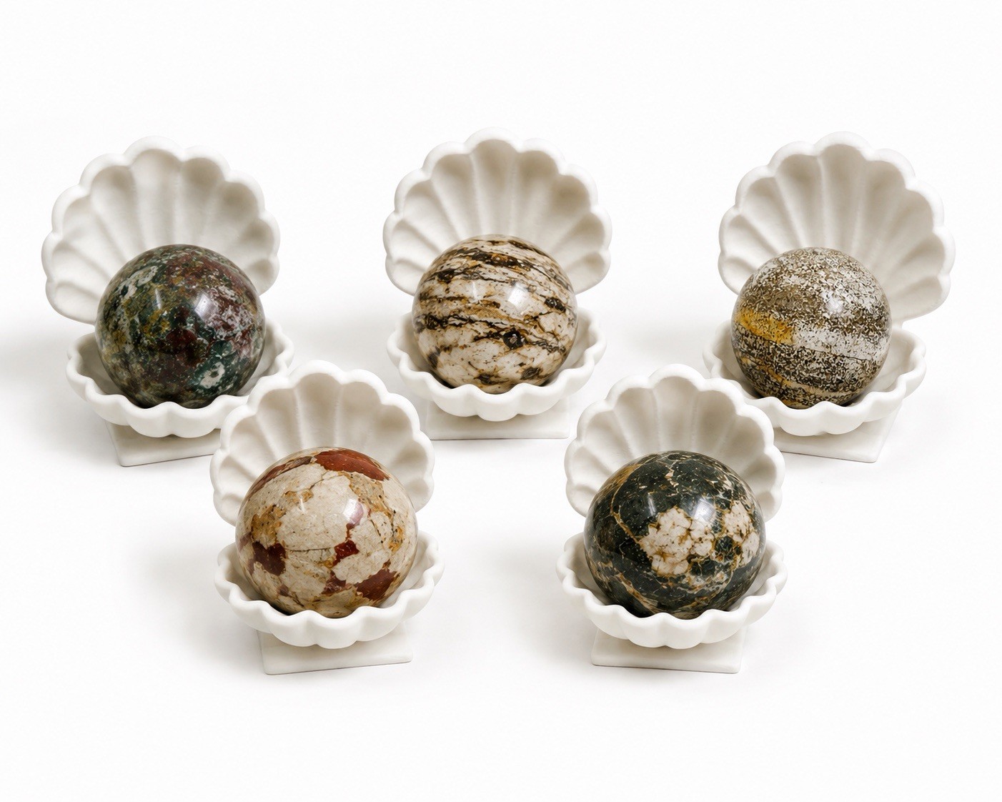 Mystery Jasper Crystal Ball with White Venus Clam Display Stand – No Selection
