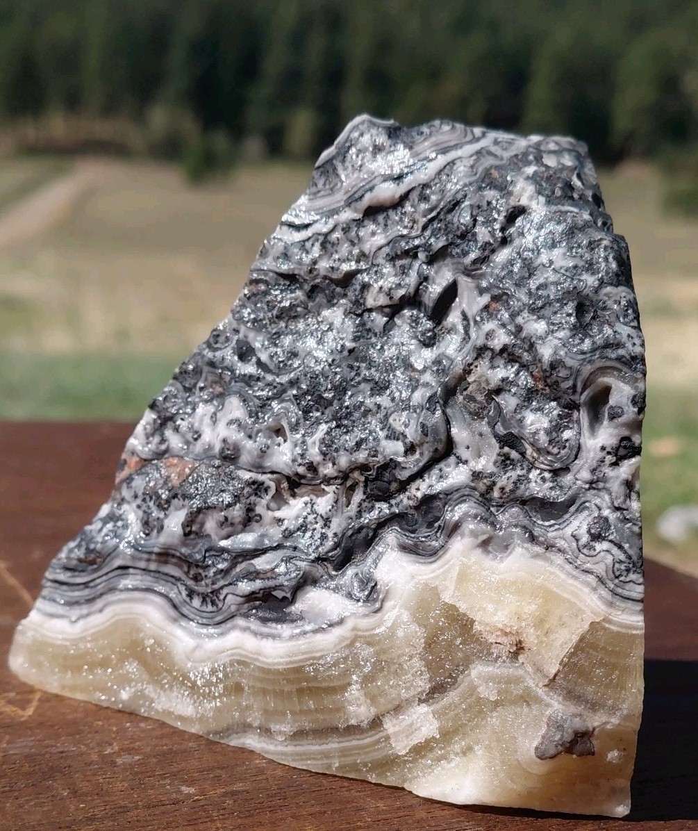 Zebra Calcite Polished Pyramid Dendrite Translucent Bands 3 1/4″x3 1/4″×2 1/2″