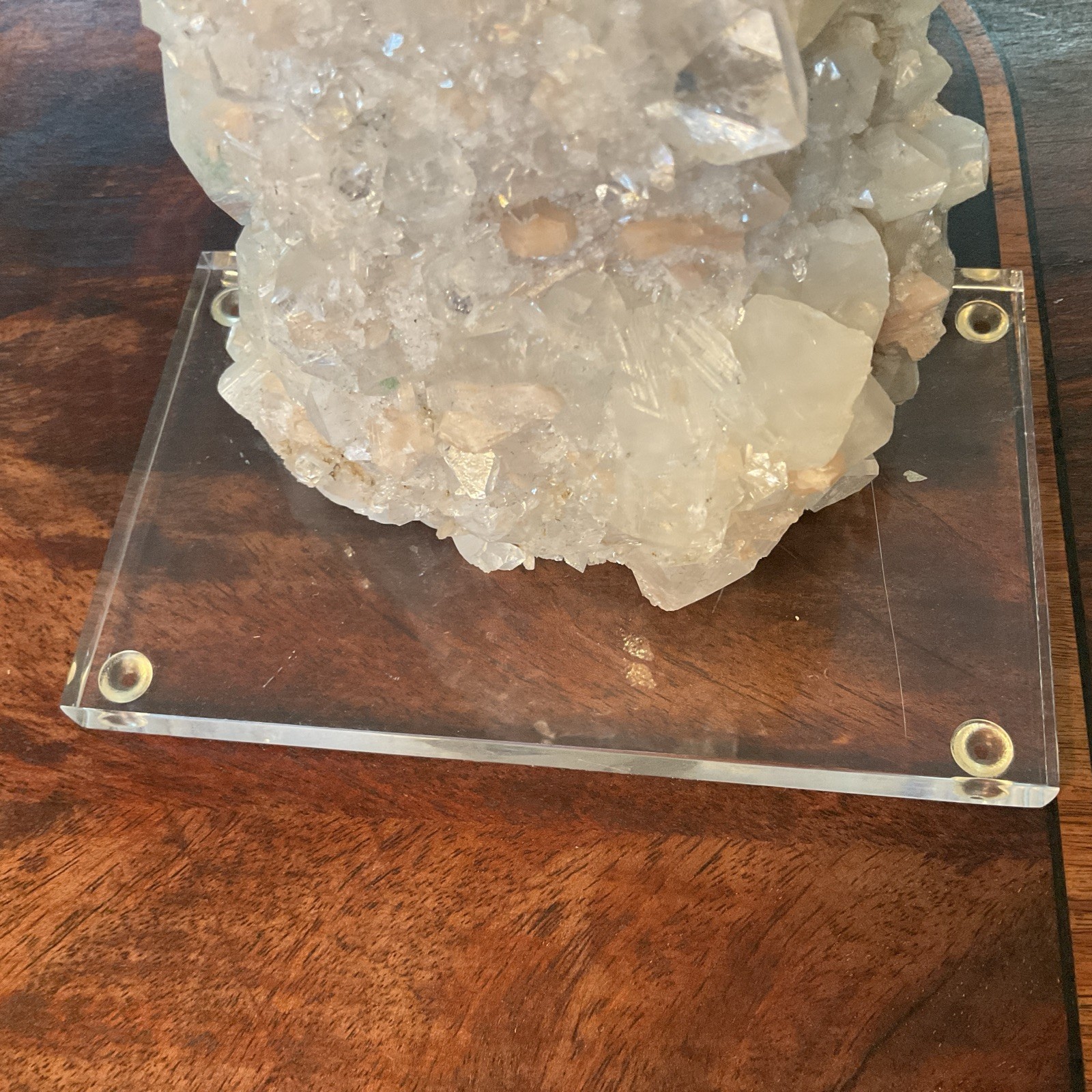 Large Quartz Crystal Cluster w/ White & Peach Minerals Lucite Display 7.5” Tall