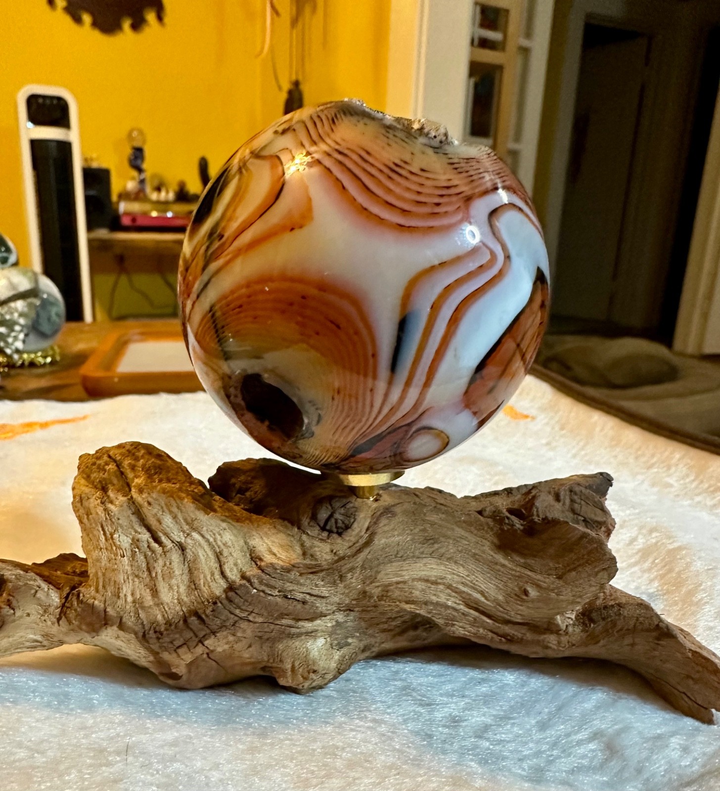 Fantastic carnelian red crystal sphere with natural wooden stand Free shipping!