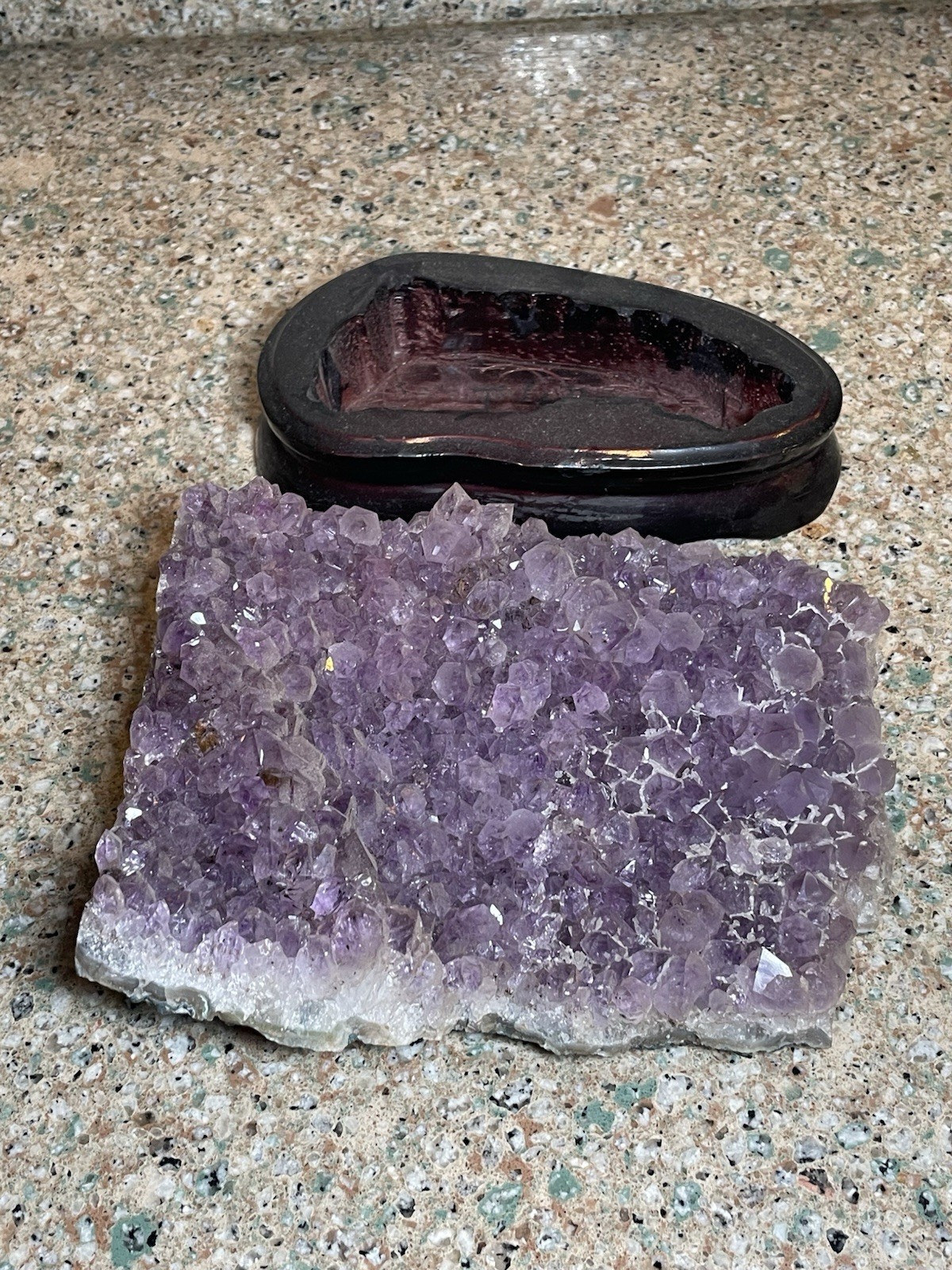 Natural Amethyst Crystal Cluster Geode Specimen on Wooden Display Stand 7”