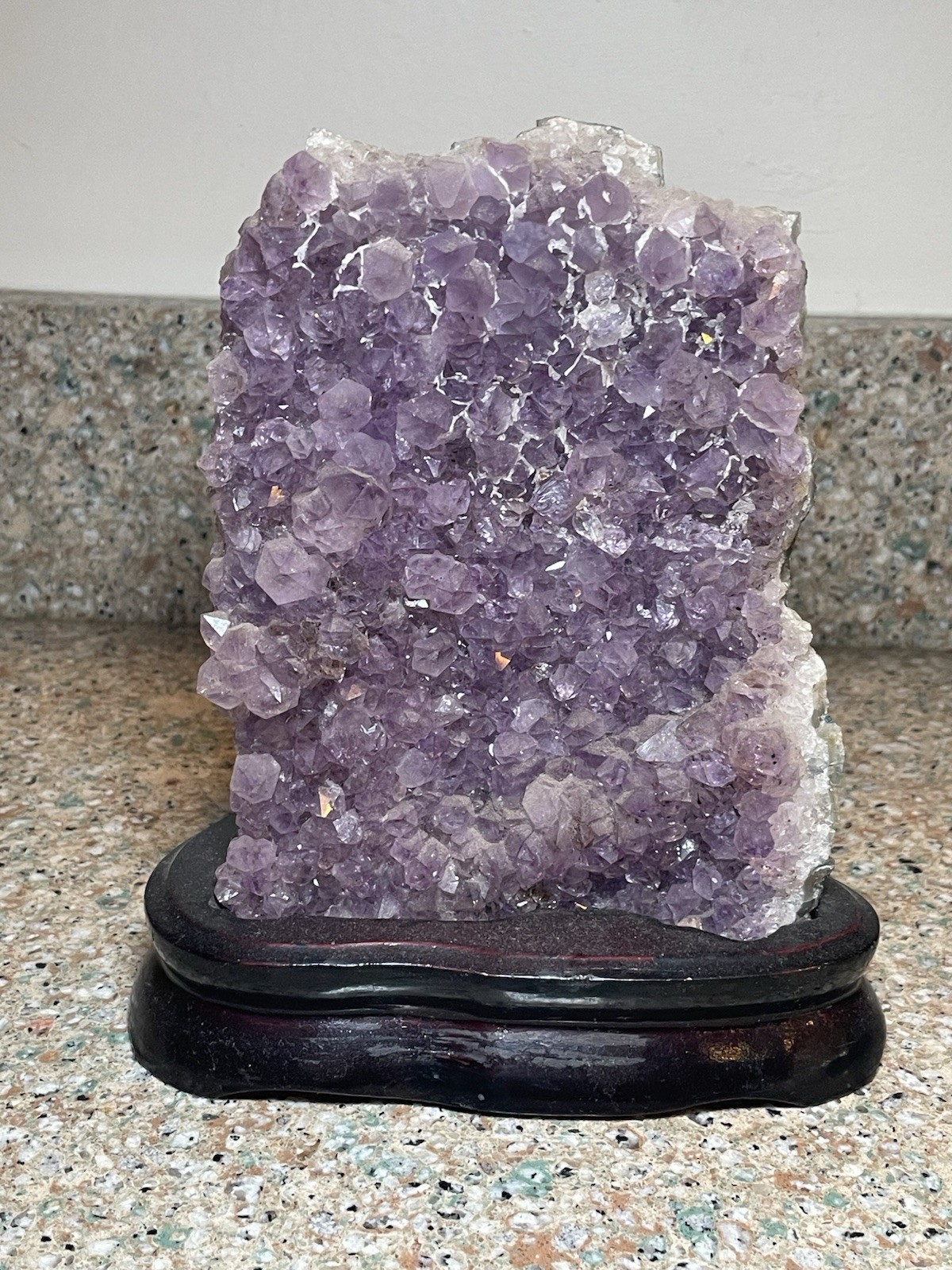 Natural Amethyst Crystal Cluster Geode Specimen on Wooden Display Stand 7”