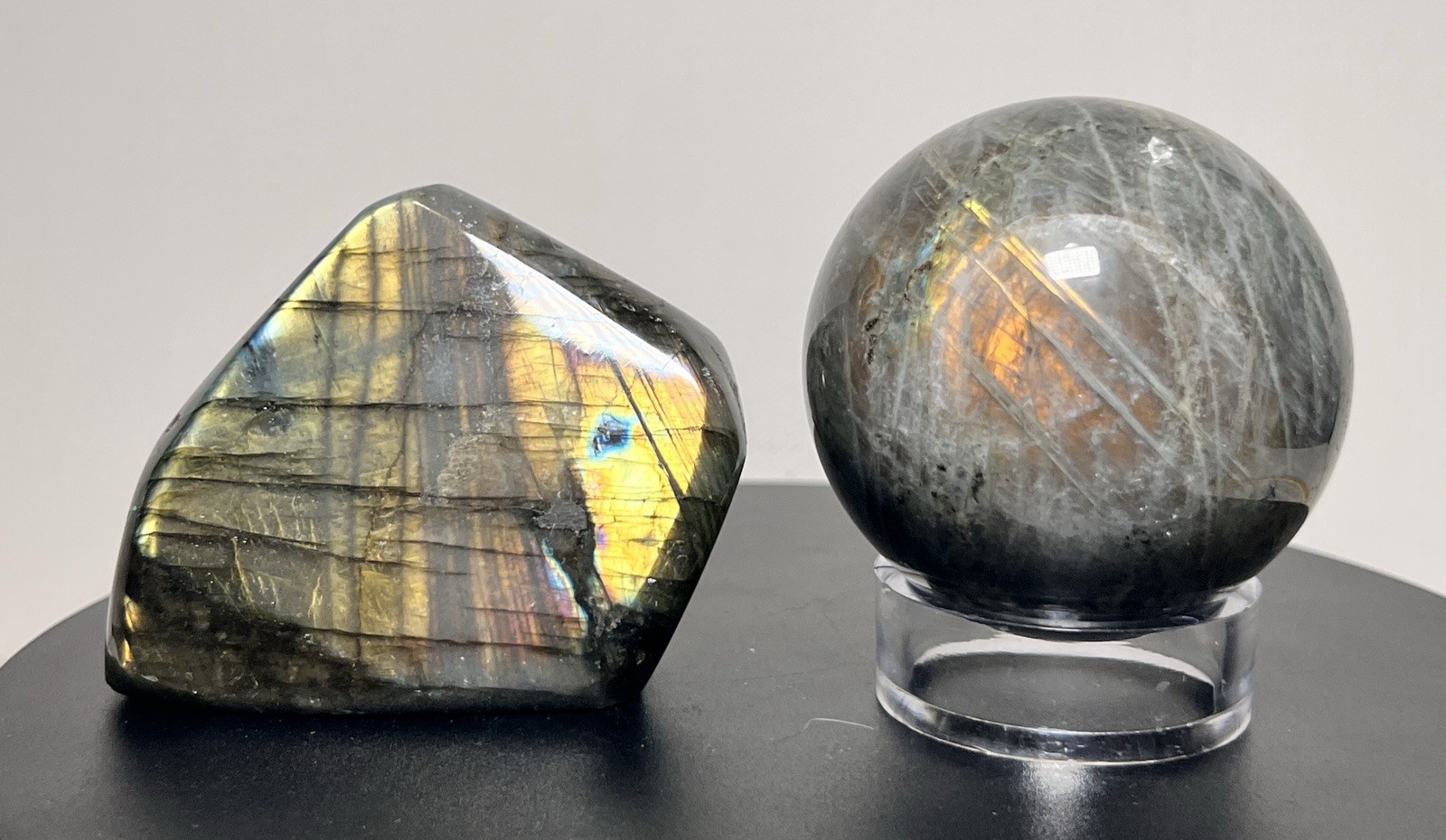 Labradorite 2 Piece Set w/Flash – Freeform & Sphere (63mm) w/holder