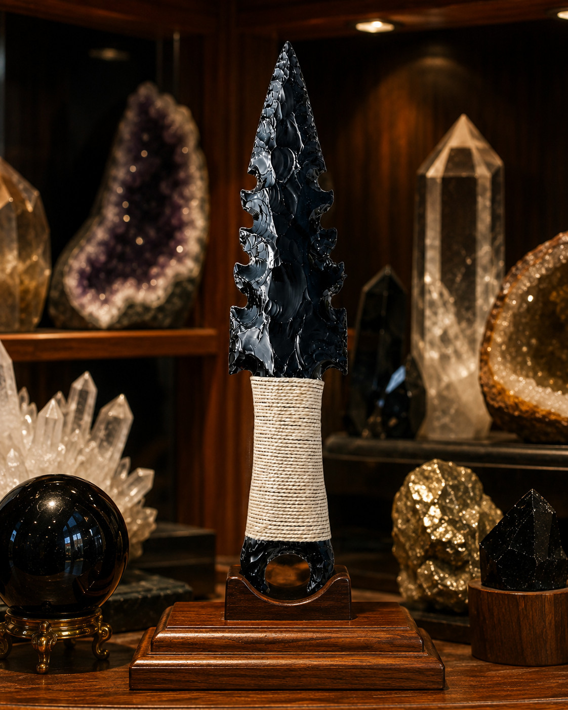 Handmade Black Obsidian Crystal Knife 10″ Flint Knapped Ritual Athame Gift