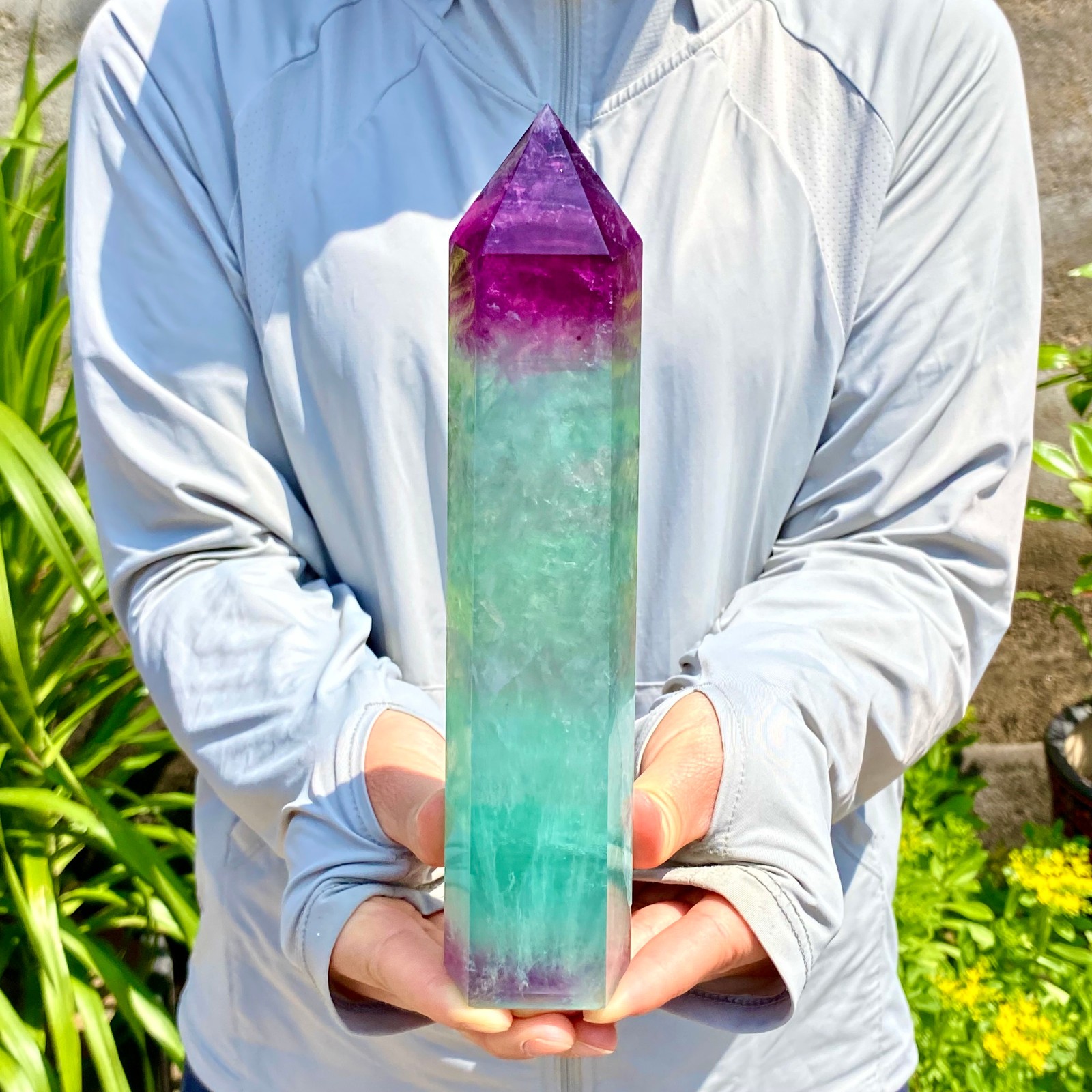 2.27LB Natural Rainbow Fluorite Obelisk Quartz Crystal Wand Tower Point Healing