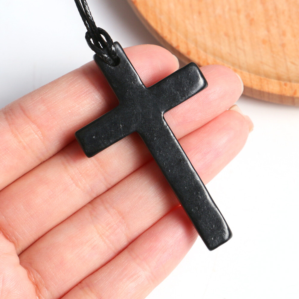Shungite Stone Christian Cross Pendant Crystal Necklace – EMF Protection Healing