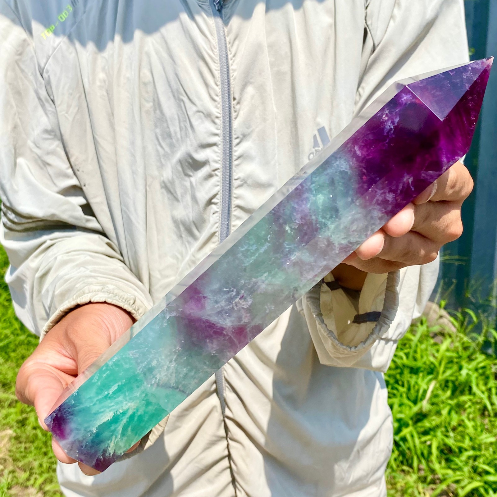 2.62LB Natural Rainbow Fluorite Obelisk Quartz Crystal Wand Tower Point Healing