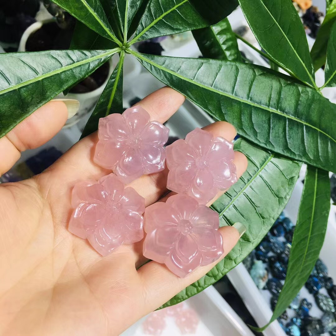 1PC Natural Pink Rose flower Carved quartz crystal skull reiki healing Random