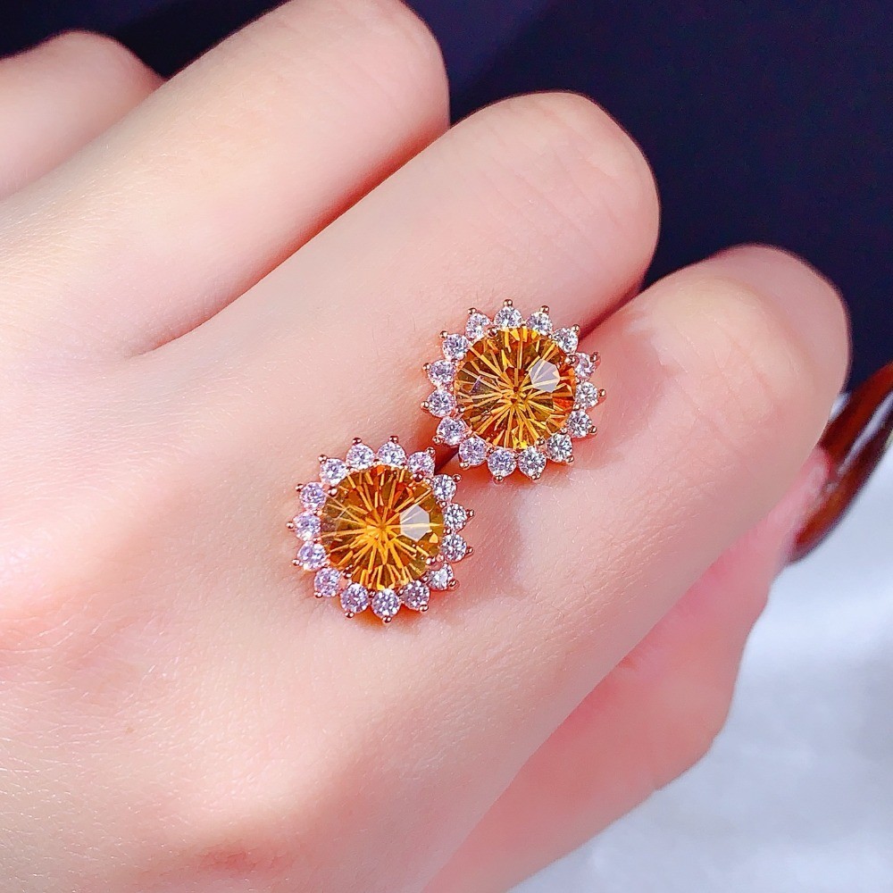 Natural Citrine sunflower Stud Earrings Gemstone S925 Silver Plated18K Gold Gift
