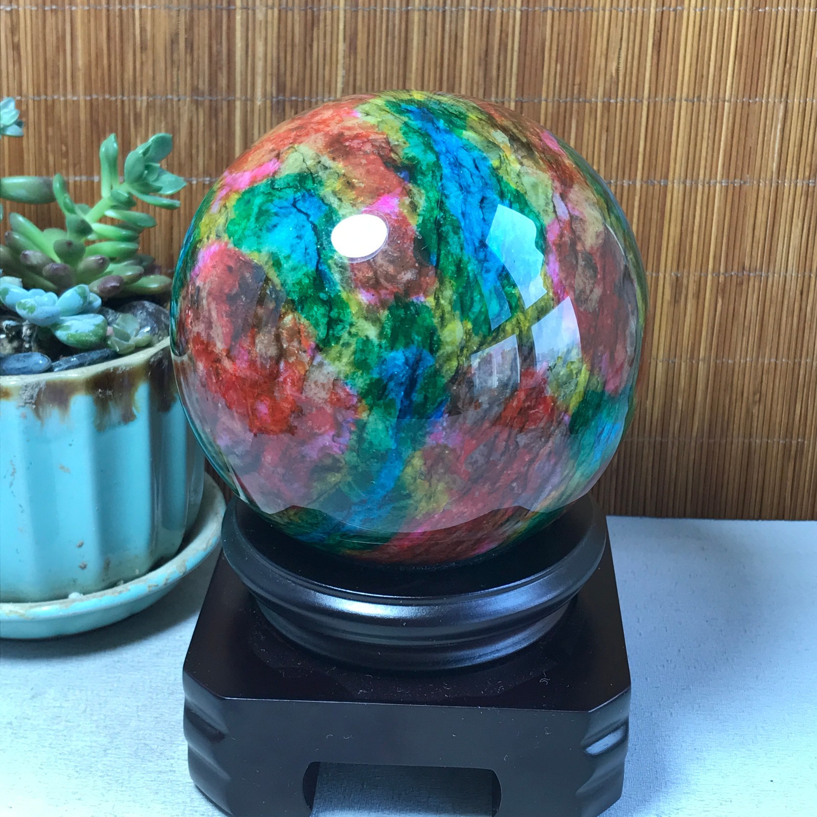 Natural “Seven Colors Jade” sphere Ball -Taiwan China 1.85kg Base Random A5802
