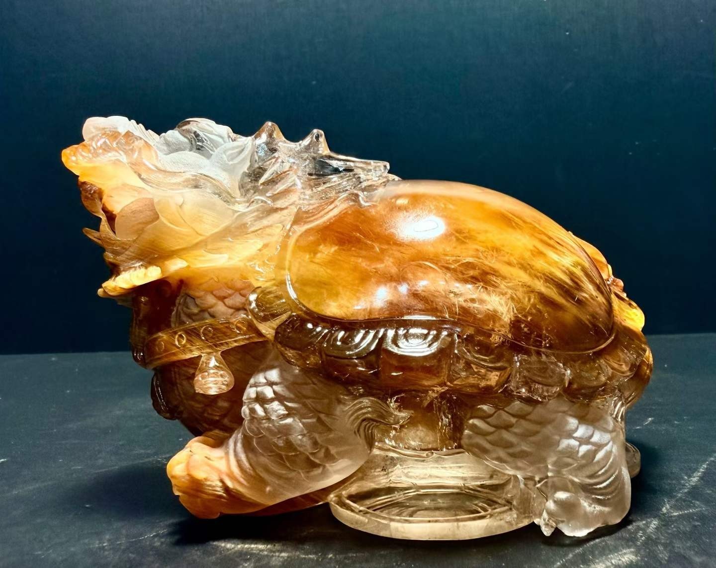 3.21LB Natural Yellow, Red Rabbit Hair Quartz Dragon Turtle Crystal Reiki+Stand