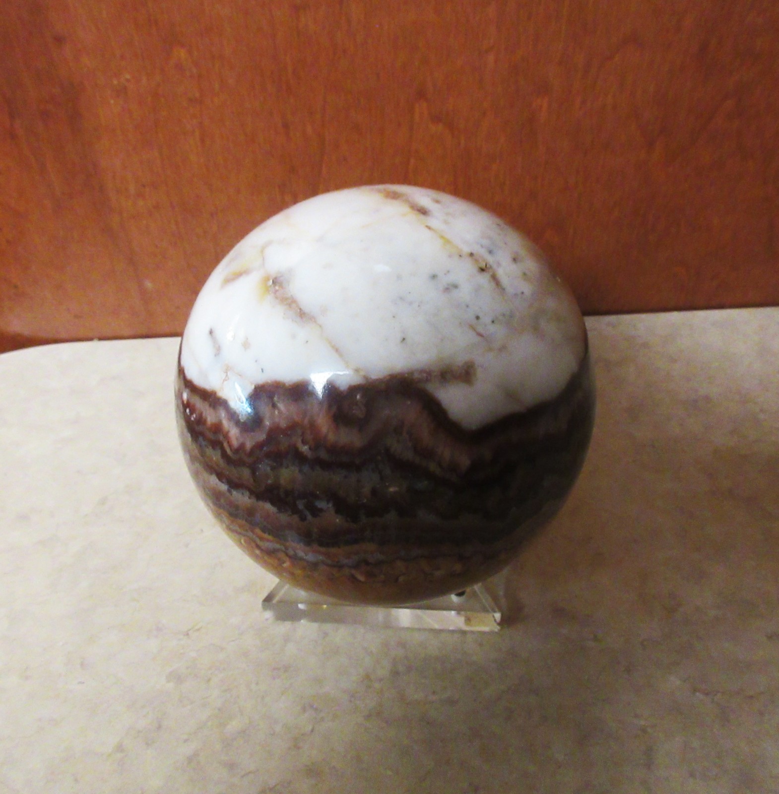 Large Banded Marble Polished Stone Sphere Browns and Whites 5” Diameter + Stand
