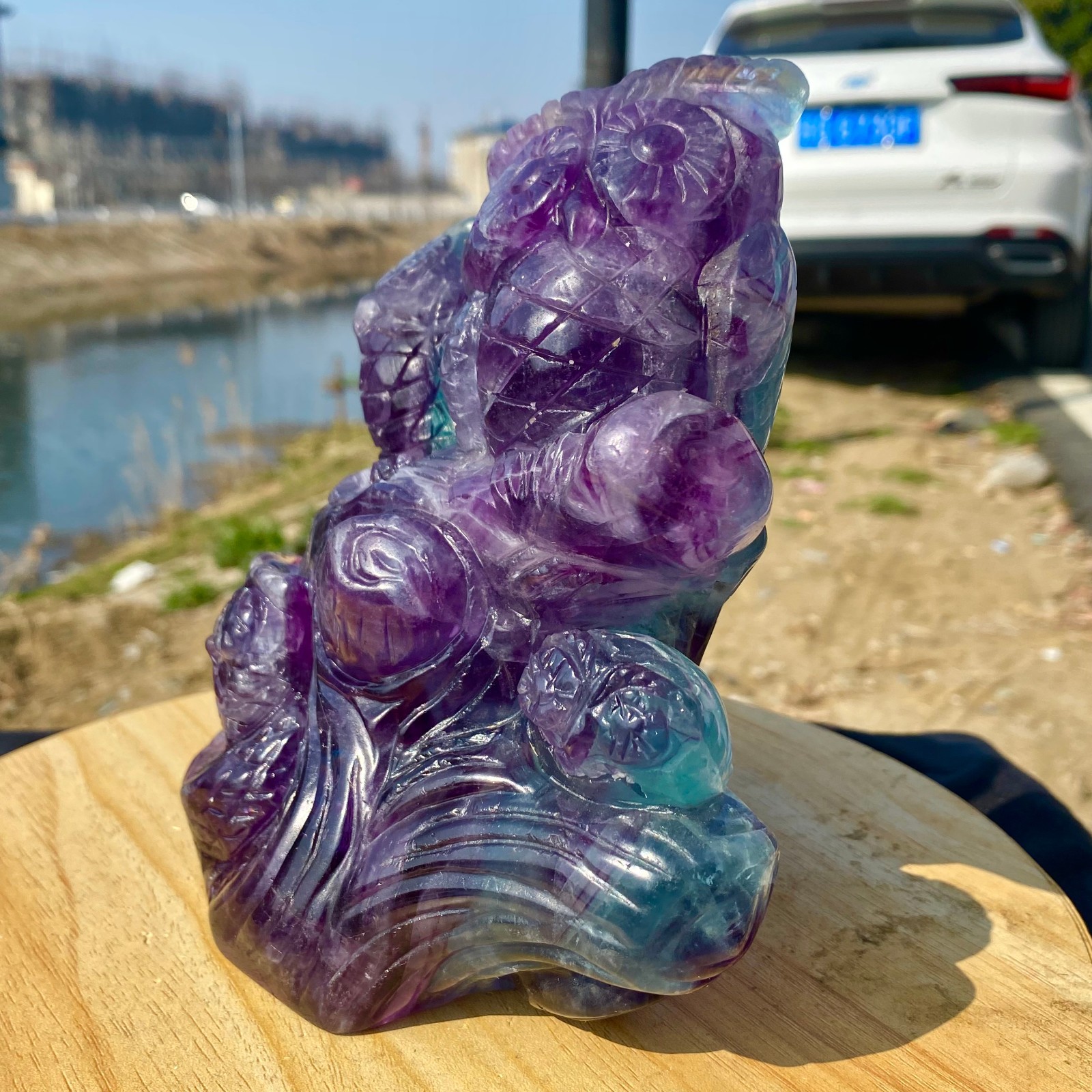 5.62LB Natural Fluorite Quartz Owl Sculpture Hand Carved Crystal Reiki Energy