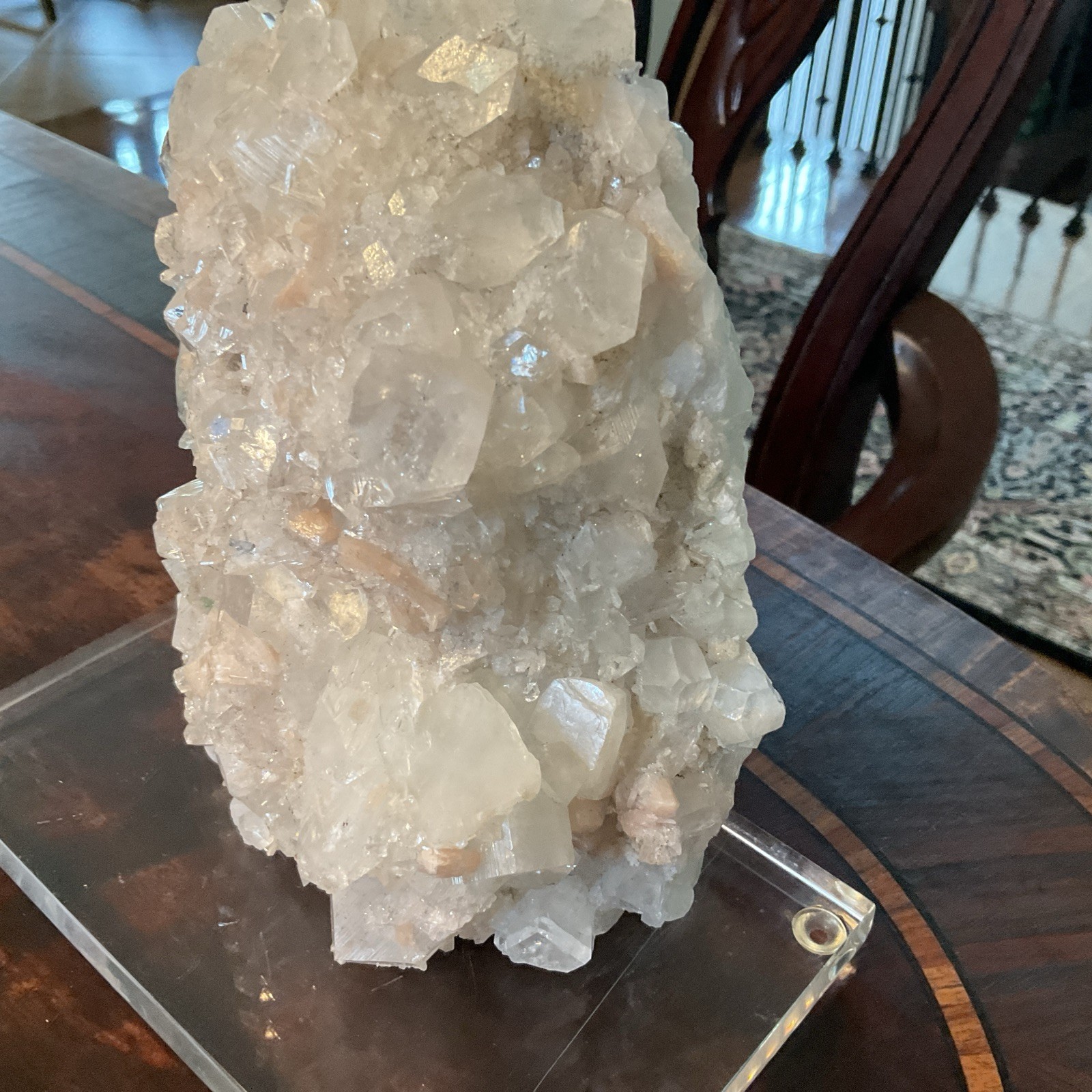 Large Quartz Crystal Cluster w/ White & Peach Minerals Lucite Display 7.5” Tall