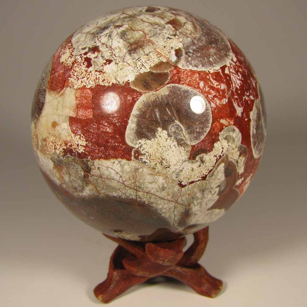 2.9″ MONEY AGATE Rhyolite Gemstone Sphere w/ Stand – Indonesia – 75mm – 1.2 lbs.