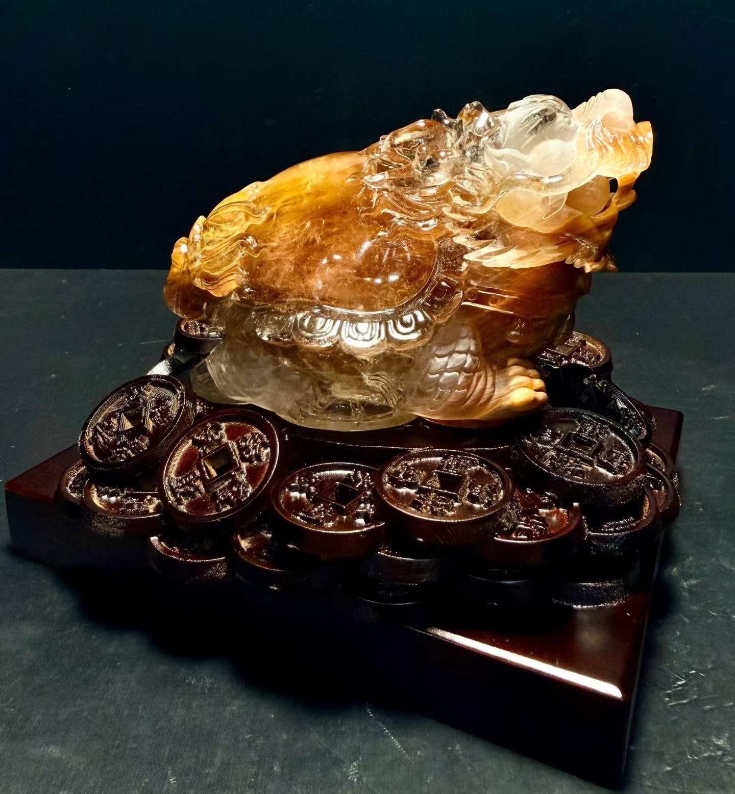 3.21LB Natural Yellow, Red Rabbit Hair Quartz Dragon Turtle Crystal Reiki+Stand