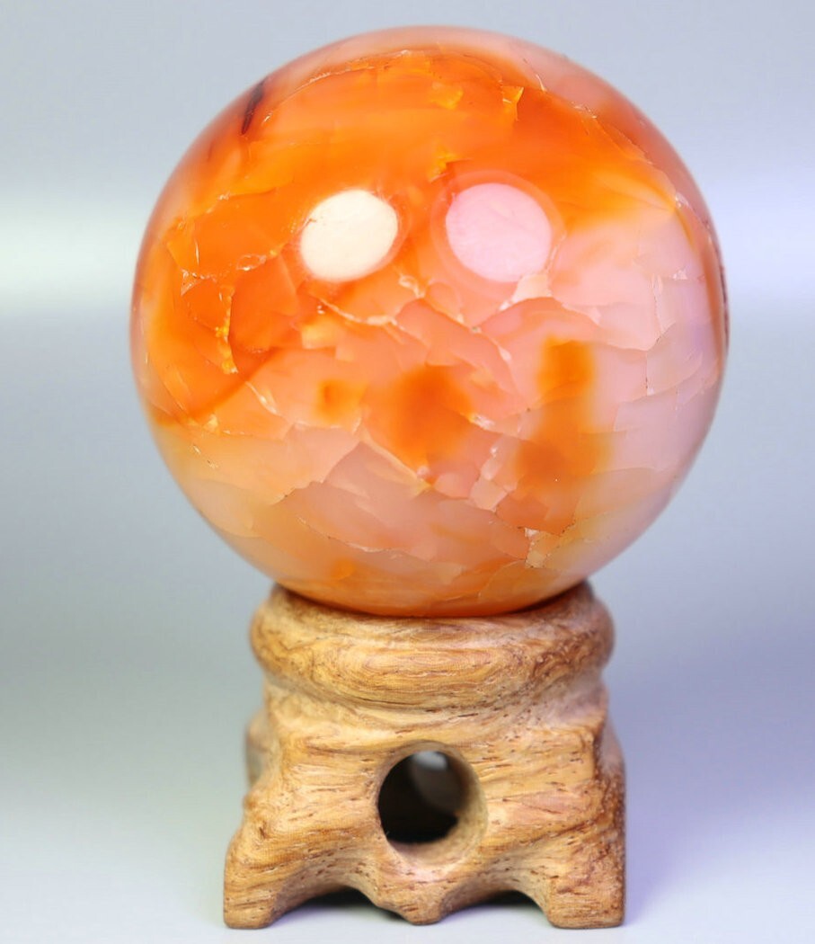 139g Natural Polished Red Orange Carnelian Agate Crystal Sphere Ball + Stand