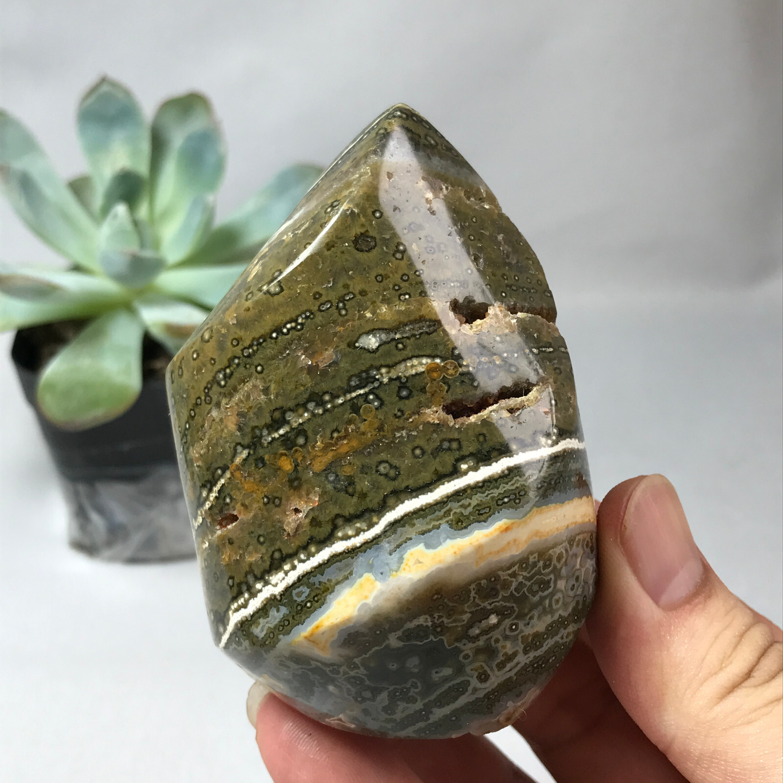 Natural Ocean Jasper torch Hand carve polish Crystal free standing 262g g6634