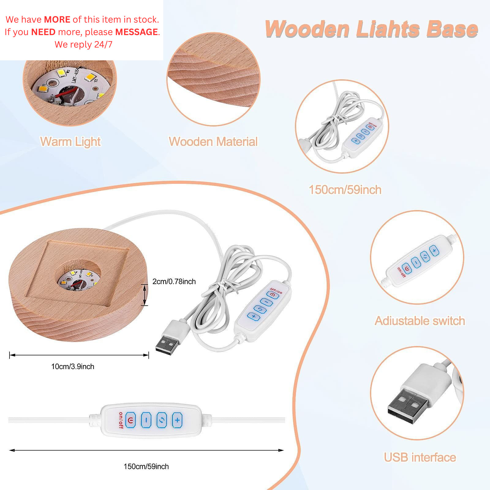 LED Light Base for Orgone Pyramid, 3 Color Adjustable Switch Wood