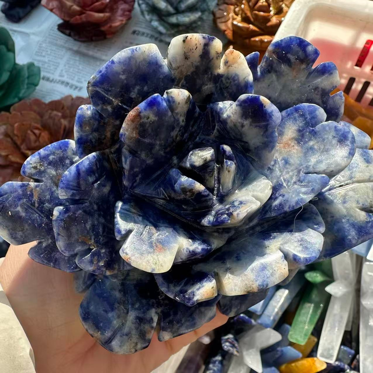1pc Natural Sodalite Quartz Carved Flower Skull Crystal Reiki Decor Gift