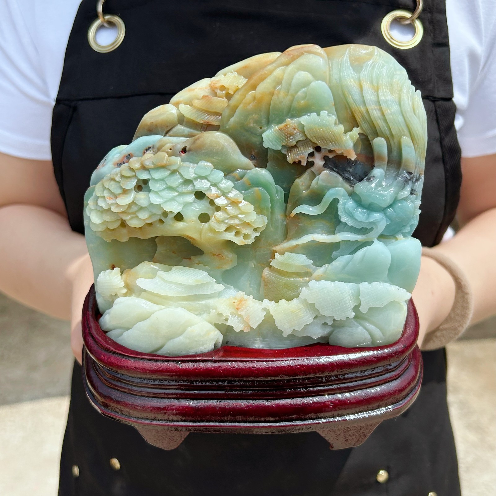 Natural Amazonite Quartz Crystal Hand-Carved Mountain Scenery Sculpture 3.4LB