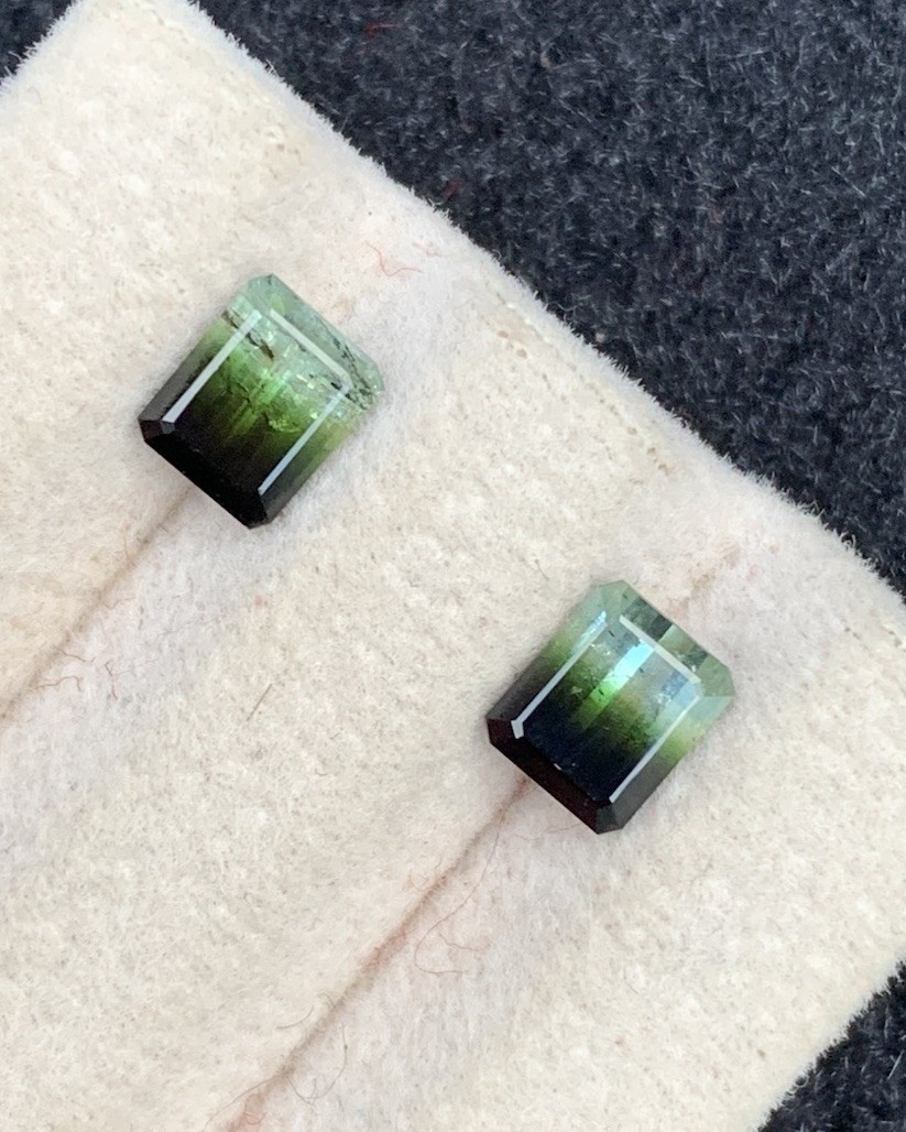 1.90ct natural black & green bi colors faceted tourmaline pair 6mm