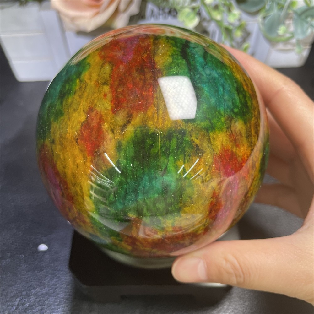 Random 1pc 3.8LB 3.8″Seven Color Stone Sphere Crystal Reiki Quartz Ball+Stand