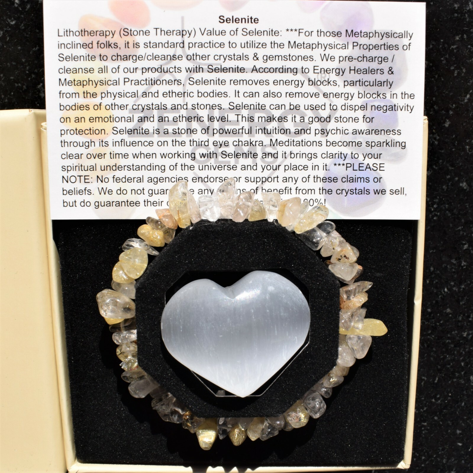 CHARGED Golden Rutile Quartz Crystal Chip Stretchy Bracelet + Selenite Heart
